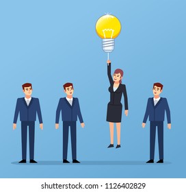 Businesswoman flying on idea balloons. Stand out of the crowd concept, achievement, successful startup. Flat design vector illustration
