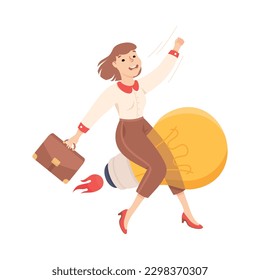 Businesswoman flying on light bulb. Business success, creative idea, innovation, start up concept cartoon vector illustration