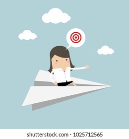 Businesswoman flying on paper plane and pointing to success. Vector