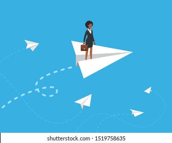 Businesswoman flying on paper plane. Ambition metaphor, mission allegory, leadership concept. African american woman in suit standing on airplane. Flat vector business illustration.