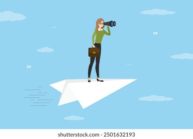 Businesswoman flying on paper plane looking towards goal, plan, action. Year business plan, concept. Business vision, creativity new idea, discovery innovation technology. flat vector illustration