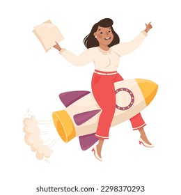 Businesswoman flying on space rocket. Business success, creative idea, innovation, start up concept cartoon vector illustration