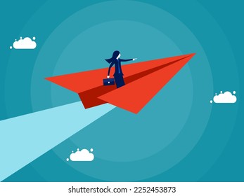 Businesswoman flying in a paper plane flying forward. progressive and ambitious