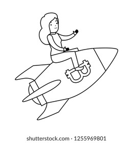 businesswoman flying in rocket with bitcoin symbol