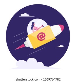 Businesswoman Flying to Space on Rocket Sitting in Cabin with Glass Dome and E-mail Sign on Board. Express Message, Business Mail Correspondence, Document Sending. Cartoon Flat Vector Illustration