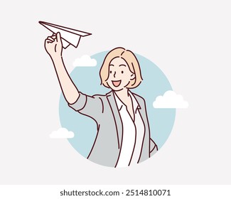 Empresária voando avião de brinquedo como metáfora para almejar o sucesso dos negócios. Ilustrações de design de vetor de estilo desenhado à mão.