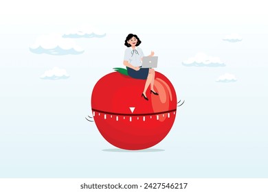 Businesswoman focus on working with laptop computer sitting on Pomodoro tomato timer stopwatch, Pomodoro technique to increase work productivity, set timer to focus work and break or rest (Vector)