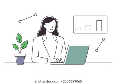 A businesswoman focused on her laptop, with a video playing on the screen, showcasing her multitasking skills doodle continuous line art vector illustration on white background