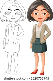 Businesswoman in formal attire, colored and outlined versions