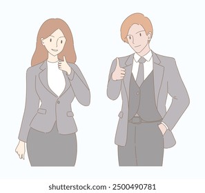 Businesswoman in formal attire showing thumb up. Businessman in suit with necktie standing with hands in pockets. Teachers praising. Hand drawn flat cartoon character vector illustration.