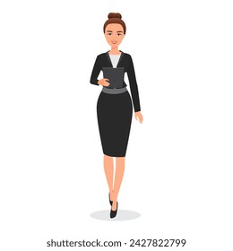 Businesswoman in formal clothes holding tablet, female lecturer speaking at presentation or business meeting vector illustration