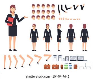 Businesswoman in formal suit creation kit. Creat your own pose, action, animation. Various emotions, gestures, design elements. Flat design vector illustration