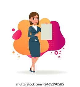 Businesswoman in formal suit holding blank document. Female business character pointing at sheet of paper. Flat vector illustration. Business, advertising concept for website design or landing page