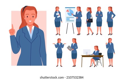 Businesswoman in formal suit poses set vector illustration. Cartoon adult woman manager working, professional female office worker standing at presentation, lady employee with laptop isolated on white