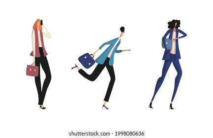 Businesswoman in Formal Suit at Work Place with Briefcase and Laptop Speaking by Phone and Rushing Forward Vector Set