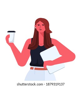 businesswoman in formal wear holding laptop and drinking coffee successful business woman leadership best boss concept female office worker portrait vector illustration