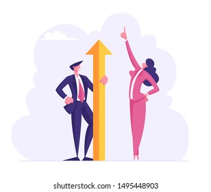 Businesswoman in Formal Wear Pointing with Finger Up to Sky Stand near Businessman Holding Huge Golden Arrow in Hands. Male and Female Characters Business Winners. Cartoon Flat Vector Illustration