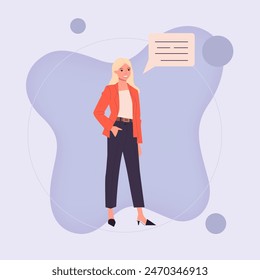 Mujer de negocios en la ropa formal y la burbuja del habla. Representante de la empresa que anuncia la venta de Ilustración vectorial plana. Concepto de marketing, publicidad para Anuncio, diseño de Sitio web o página de Web de aterrizaje