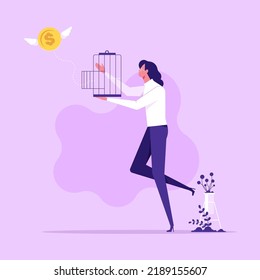 Businesswoman free money symbol inside birdcage, metaphor of financial freedom, vector illustration 