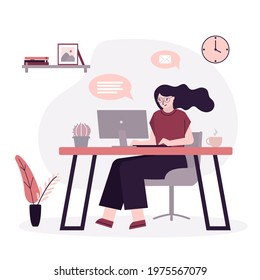 Businesswoman or freelancer working at computer. Female character sits at desktop and works. Concept of remote work and freelance. Home office. Workplace interior design. Flat vector illustration