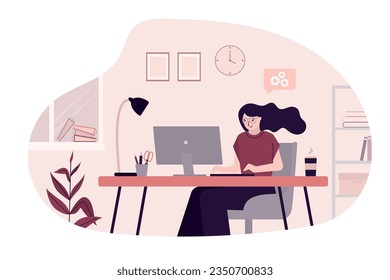 Businesswoman or freelancer working at computer. Female character sits at desktop and works. Concept of remote work and freelance. Employee in modern office. Workplace interior design. flat vector