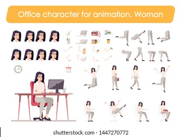 Businesswoman front view animated flat vector character design. Office manager  character animation creation cartoon set. Employer constructor with various face emotion, body poses, gestures, legs kit