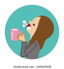 Businesswoman gargling with water for prevent cold - Circular icon
