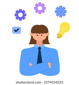 businesswoman with gears, lightbulb, and checklist symbolizing problem solving and innovation flat vector illustration