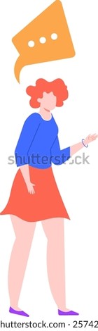 Businesswoman gesturing and thinking with a speech bubble containing three dots above her head, symbolizing communication, ideas, and innovation in a business context