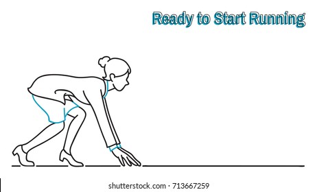 Businesswoman get ready to start race running, business concept. Outline, thin line art, linear, hand draw sketching style. 