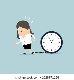 Businesswoman gets chained with big clock in time concept. vector