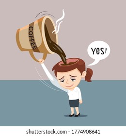 Businesswoman getting energy with put coffee energy inside head, illustration vector cartoon