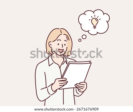 Businesswoman Getting Idea While Reading Paper Documents at Office. Hand drawn style vector design illustrations.
