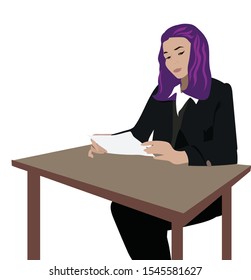 businesswoman girl sitting at desk working vector illustration