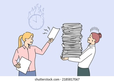 Businesswoman Give More Work To Stressed Female Employee With Stack Of Papers. Office Manager Overwhelmed With Paperwork. Burnout And Fatigue. Vector Illustration. 