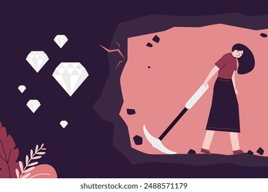 Businesswoman gives up digging not knowing precious diamond is almost revealed. Tired woman quit struggle with brilliants digging feeling overwhelmed with work. Concept of job fatigue, burnout. vector