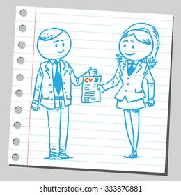 Businesswoman giving CV letter to businessman
