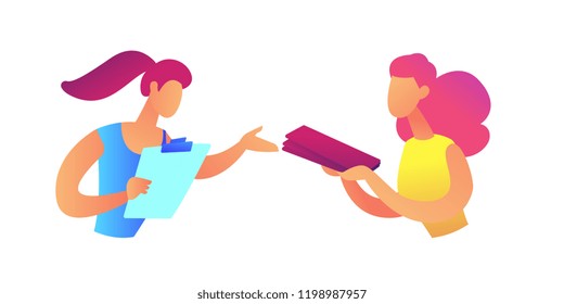 Businesswoman giving document file to coworker vector illustration.