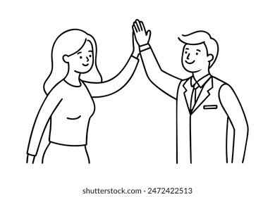 Businesswoman giving a high five to a colleague in meeting, One continuous single line hand drawing line art