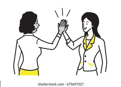 Businesswoman giving high five to her partner, colleague, friends. Business concept of cooperation, partnership. Vector illustration diverse and multi-ethnic character, draw, sketch, doodle style. 