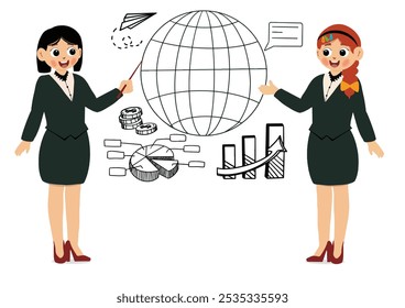 Businesswoman giving presentation flat character. Woman presenting project cartoon illustration. Office worker near whiteboard with graphs diagrams. Business mentor, coach on seminar, annual report