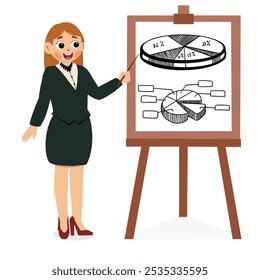 Businesswoman giving presentation flat character. Woman presenting project cartoon illustration. Office worker near whiteboard with graphs diagrams. Business mentor, coach on seminar, annual report