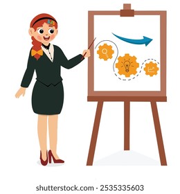 Businesswoman giving presentation flat character. Woman presenting project cartoon illustration. Office worker near whiteboard with graphs diagrams. Business mentor, coach on seminar, annual report