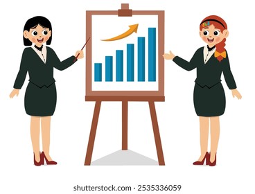 Businesswoman giving presentation flat character. Woman presenting project cartoon illustration. Office worker near whiteboard with graphs diagrams. Business mentor, coach on seminar, annual report