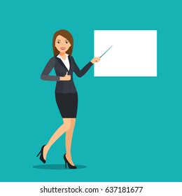 Businesswoman giving a presentation. Thumb up. Vector flat illustration