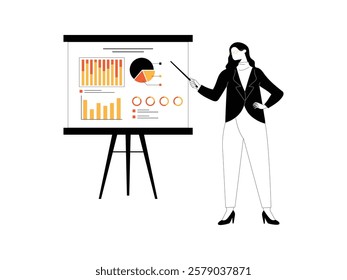 businesswoman giving a presentation using a large monitor screen and displaying job analysis data.
design, vector, illustration