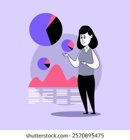 Businesswoman giving presentation vector illustration. Pie chart and graphs on background. Business report, finance, presentation concept