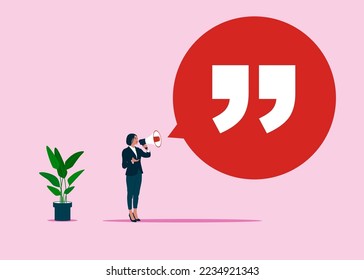 Businesswoman giving a speech. Business motivation speech, pep talk. Symbol of quote, message, announcement. Modern vector illustration.