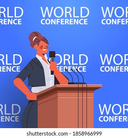 businesswoman giving speech at tribune with microphone on corporate international world conference vertical portrait vector illustration