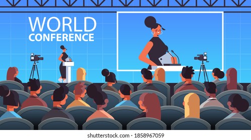 businesswoman giving speech at tribune with microphone on corporate international world conference lecture hall interior horizontal vector illustration